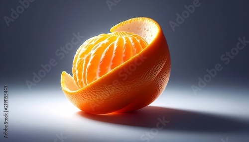 A macro shot of a single, perfectly peeled orange, with the spiral of peel curling away and the juicy segments visible, on a clean, white surface, Ai generated image