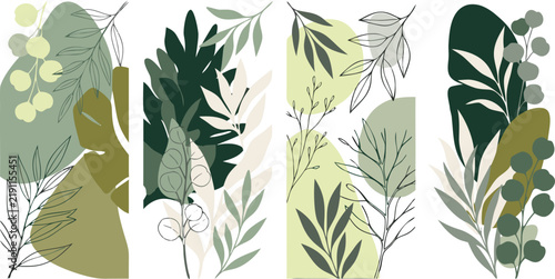 Set of four vertical banners featuring abstract botanical shapes and hand drawn leaves in various shades of green colors