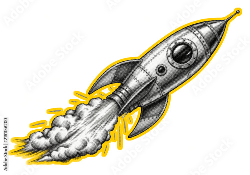 Hand drawn vintage rocket ship blasting off with a trail of thick smoke. Detailed pencil sketch graphic for space or startup business concepts. Transparent png cutout object.