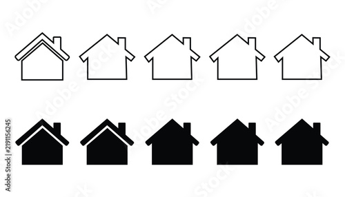 Set of house icons with different line styles and solid fills