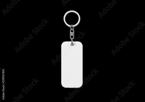 Blank metal rectangular keychain with silver ring isolated on transparent background