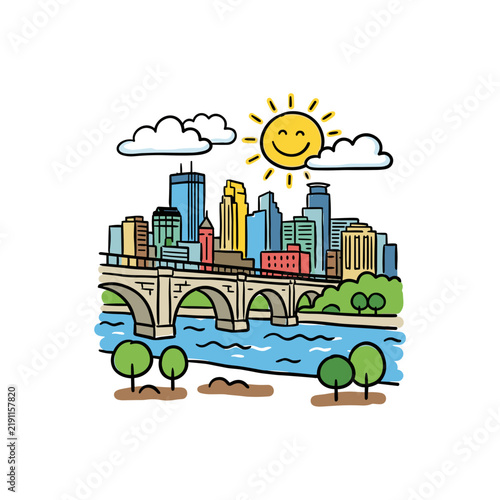 Minneapolis skyline with Stone Arch Bridge and cartoon sun doodle illustration vector
