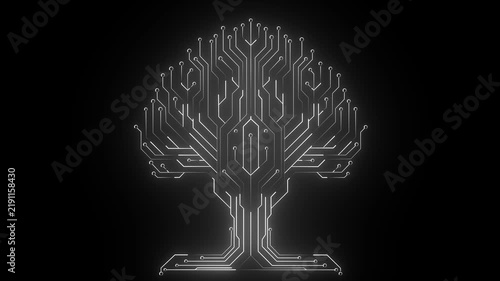 3d Circuit Board with neon line moving electrons Data Flow Loop Background Animation Technological background .