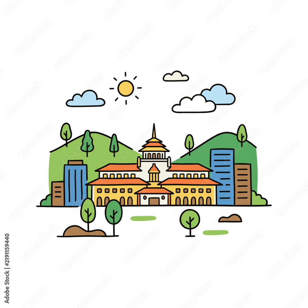 Fototapeta premium Bandung Gedung Sate landmark vector illustration with hills and city skyline