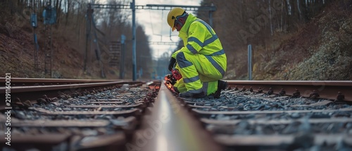 Rail worker inspecting railway tracks carefully.
