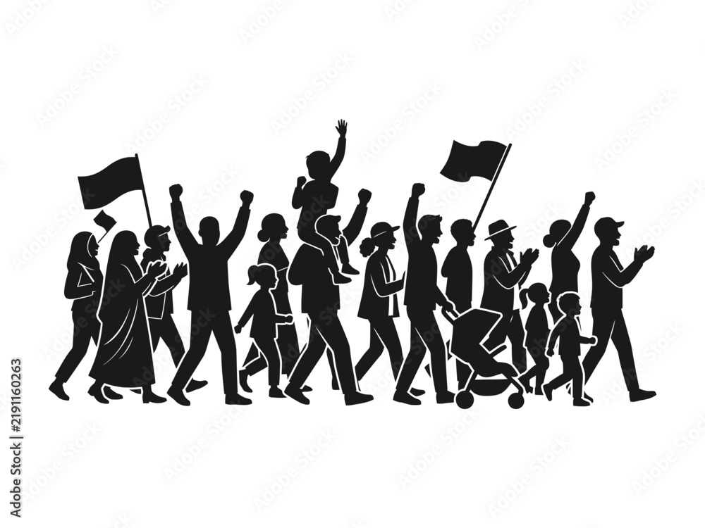 Obraz premium Crowd of diverse people marching together silhouette, protesting or celebrating with flags, family, children, and raised fists in unity, community demonstration concept