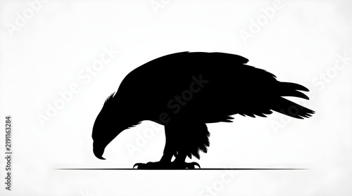Majestic golden eagle silhouette standing in a low posture against a clean white background captured with sharp high contrast lines