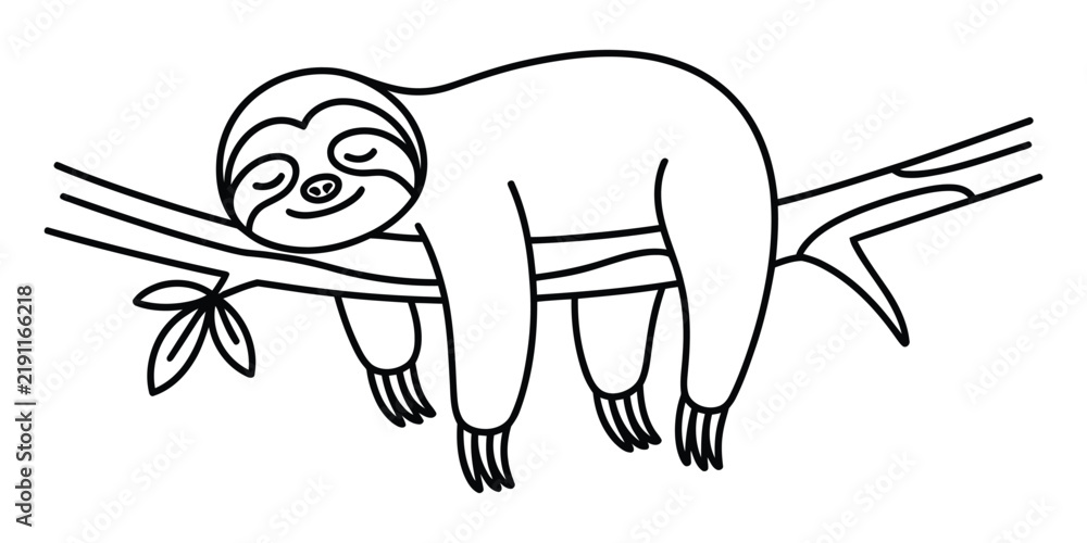 Fototapeta premium Cute cartoon sloth sleeping on a tree branch line drawing