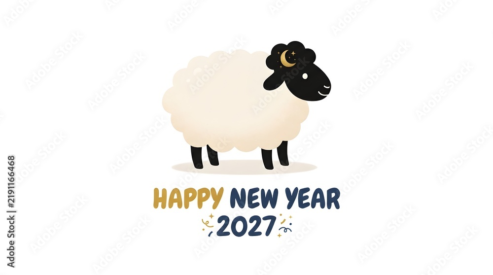 Obraz premium Cute fluffy sheep illustration with a crescent moon design celebrating the arrival of the happy new year twenty twenty seven