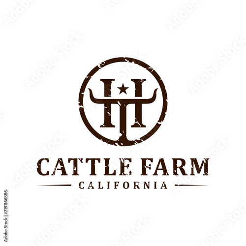 vintage logo of a cattle farm circle with the letter HT