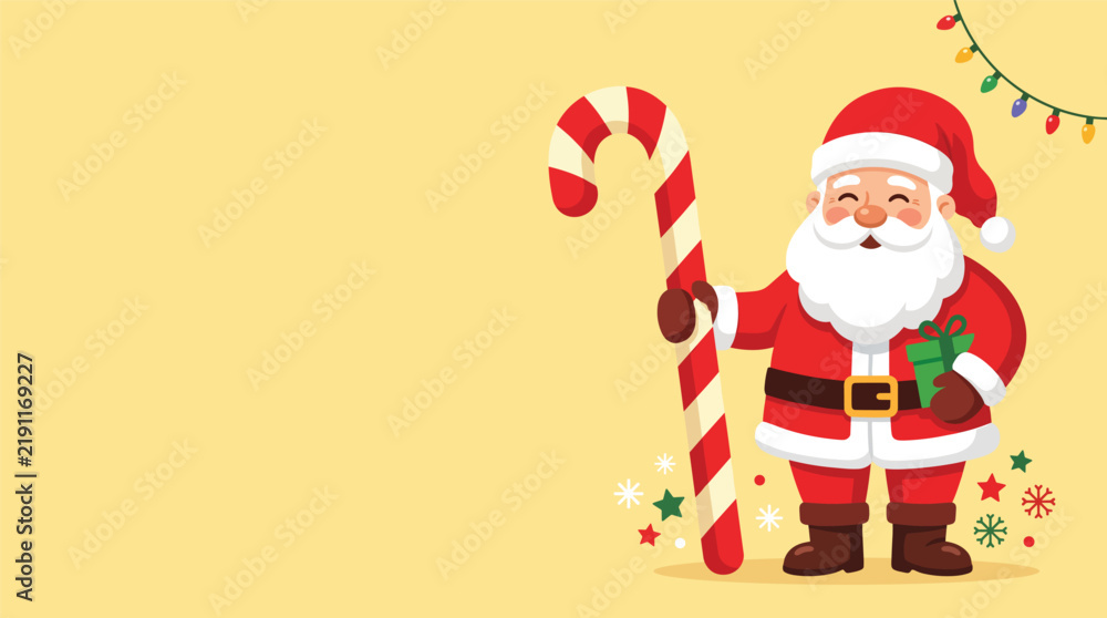 Fototapeta premium Christmas santa claus vector illustration, cheerfully holding a candy cane and gift, designed in a flat style on a warm yellow background with festive lights.