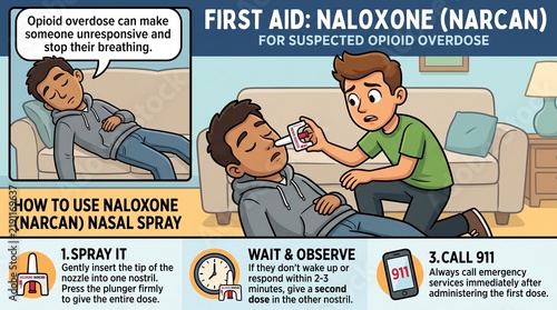 Educational illustration showing how to administer naloxone nasal spray for opioid overdose emergency