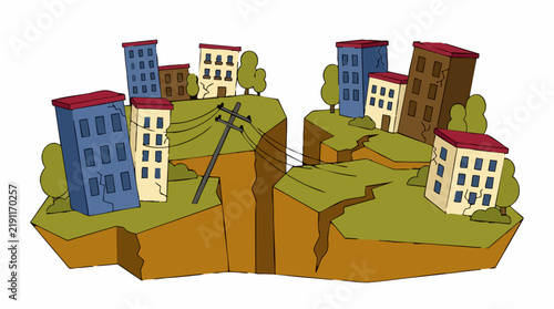 Foto Earthquake disaster cartoon showing damaged buildings and cracked ground