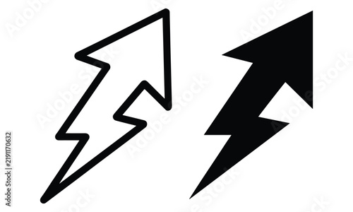 Minimalist set of black lightning bolt arrows pointing upwards showing fast energy growth and dynamic power for success on white.