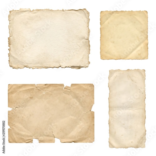 Vintage paper pieces graphic resource, old aged parchment sheets with torn edges isolated