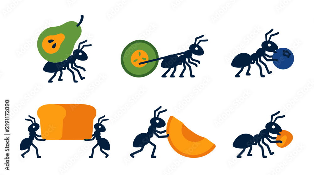 Obraz premium Ants carrying food flat vector illustration set