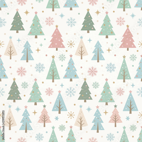 Pastel Christmas Tree Seamless Pattern with Snowflakes and Stars