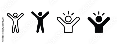Happy Person Icon featuring joyful human gestures, raised hands, positive emotions, celebration, business success, achievement, motivation, and interface elements vector