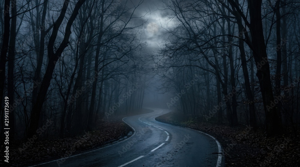 Obraz premium Winding dark forest road through fog under glowing full moon at night