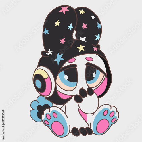 Sitting cartoon rabbit. Funny character with a hood and headphones. Cartoon character design.