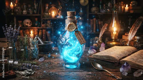 Glowing blue magic potion bottle sitting on a rustic wooden table in a dark alchemy laboratory