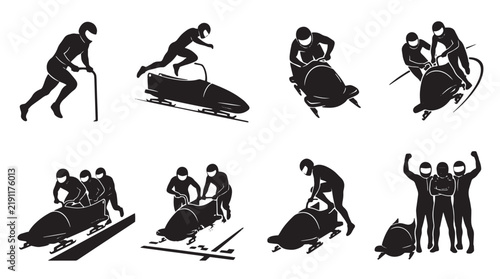 Bobsleigh athlete silhouette set, winter sports competition icons, professional bobsled racing team vector collection isolated on Transparent Background