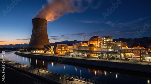Nuclear power plant cooling tower with steam and illuminated facility complex situated beside a dark canal at dusk, industrial energy production background.