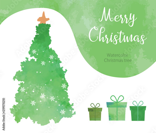 Fototapeta 水彩で描いたクリスマスツリーとプレゼントの華やかな背景