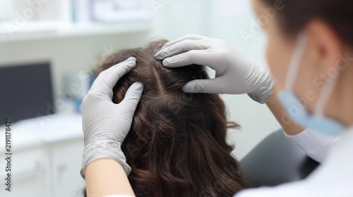 Dermatologist wearing protective gloves examines female patient scalp during medical consultation. Doctor checking hair condition and follicle health in modern clinic setting.