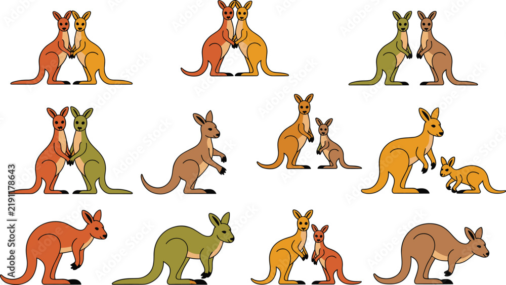 Fototapeta premium Kangaroo Family and Wildlife Vector Illustration Collection with Australian Animals Mother Baby Pairs and Cute Cartoon Characters for Nature Design