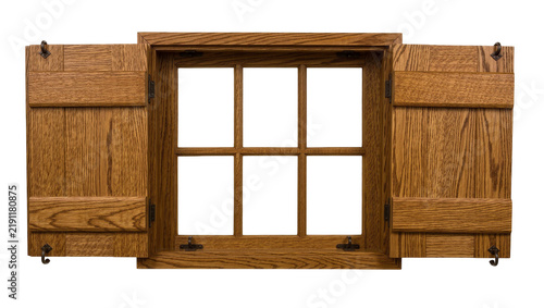 Open wooden window with six panes and rustic shutters, isolated on transparent background