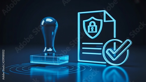 Digital document verification concept with security stamp and approved checkmark