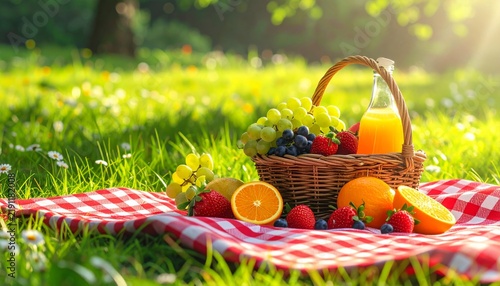 Picnic Basket Filled with Fresh Apples, Grapes, Berries, Oranges, and Healthy Fruits for an Outdoor Summer Picnic Isolated on White Background