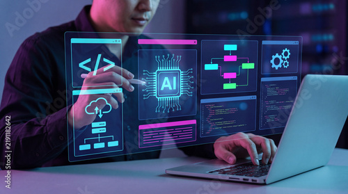 Obraz na płótnie Software engineer developing artificial intelligence algorithm with flowchart architecture, coding scripts and cloud computing system using futuristic holographic HUD interface on laptop