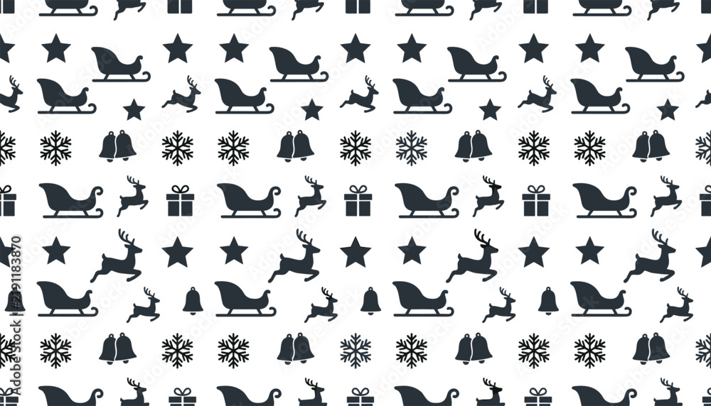 Obraz premium Seamless monochrome Christmas pattern vector background featuring minimalist dark grey silhouettes of Santa sleighs, jumping reindeer, stars, bells, and holiday gifts