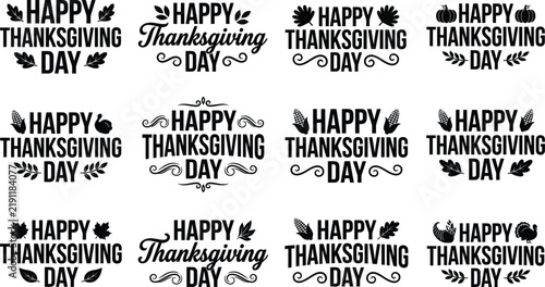 Set of twelve decorative happy thanksgiving day typography labels for seasonal holiday greeting card designs