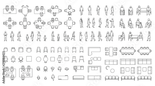 People and furniture architectural plan elements line art vector set.