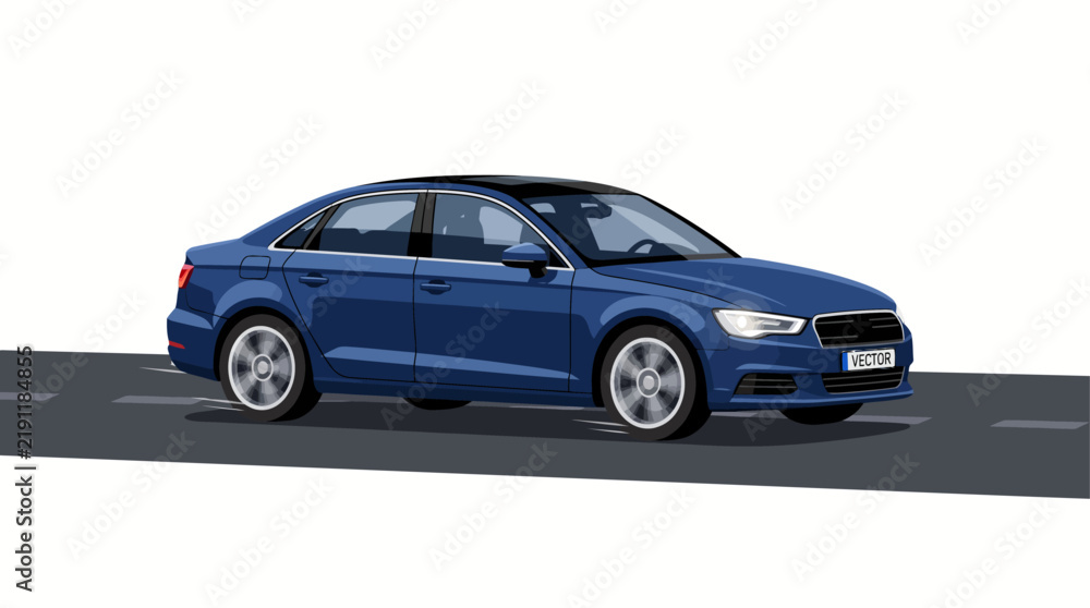 Fototapeta premium Side View Illustration of a Modern Blue Sedan Driving on an Asphalt Road Concept