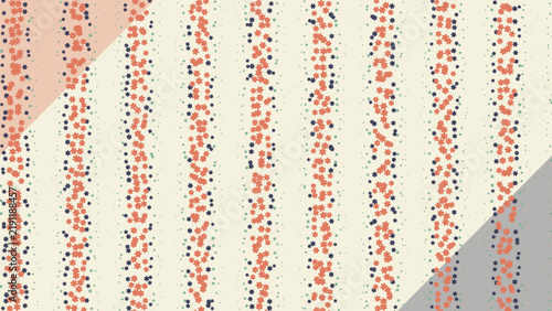 Vertical striped pattern of small coral and dark blue dots on a light cream background, with diagonal corner, overlays in light, pink and grey tones