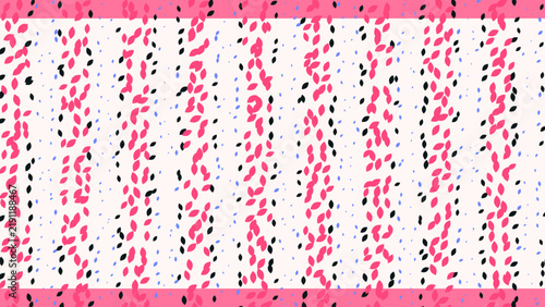 Vertical stripes of pink and black leaf shapes on a light background, with pink borders, for textile prints, and decorative backgrounds