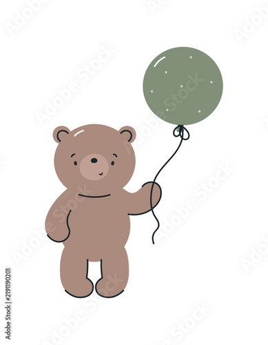 Сute teddy bear with balloon. Isolated on white background. For card, posters, stickers, banners, printing on the pack, printing on clothes, fabric, wallpaper.