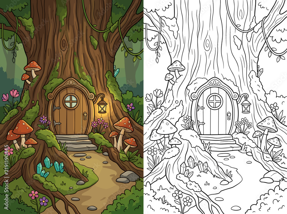 Obraz premium Enchanted tree house vector illustration featuring whimsical mushrooms and glowing lantern lights in a stylized fairy forest coloring book page