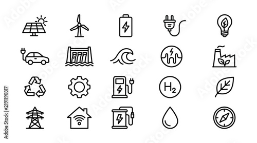 Set of renewable energy and sustainable technology line icons on a clean white background
