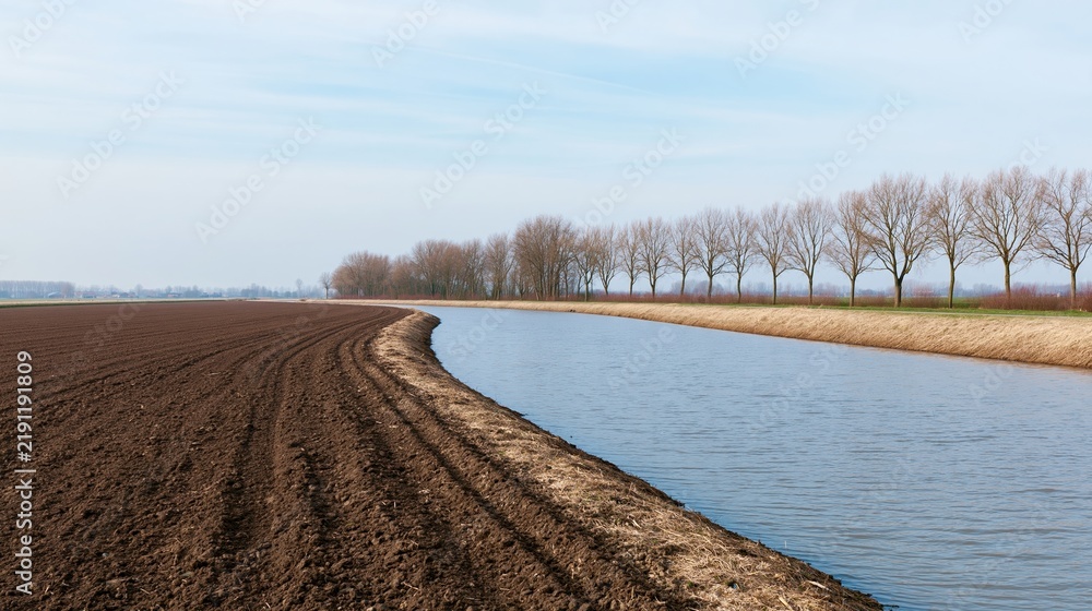 Obraz premium The Canal in Plowed Field with Row of Trees under Open Sky