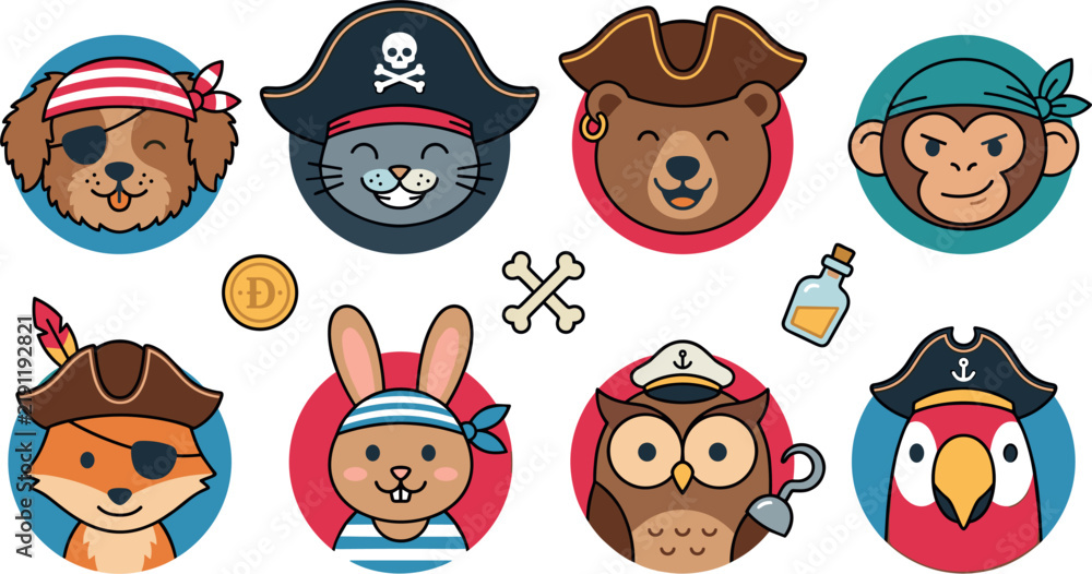 Obraz premium Cute pirate animal avatar icons vector set featuring cartoon character faces dog cat bear monkey fox rabbit owl parrot isolated on white