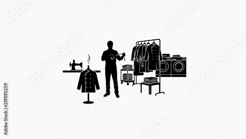 Black silhouette of a dry cleaning service worker with clothes rack, washing machines and iron on white
