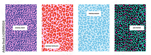 Modern cover collection with Y2K leopard pattern. Trendy retro style posters set