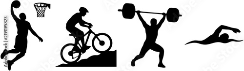 Set of extreme sports athlete silhouettes including basketball, mountain biking, weightlifting, and swimming