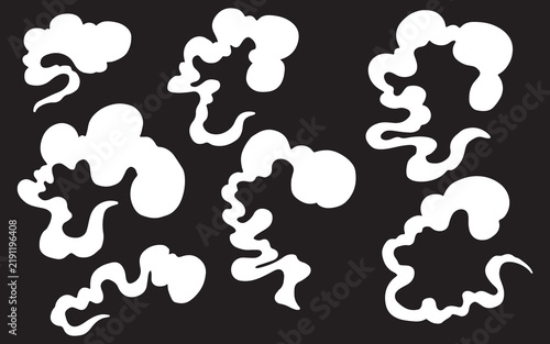 Set of cartoon smoke puffs and steam clouds isolated on black background.
