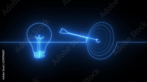 Glowing blue neon light bulb and arrow hitting a target on a dark black background
